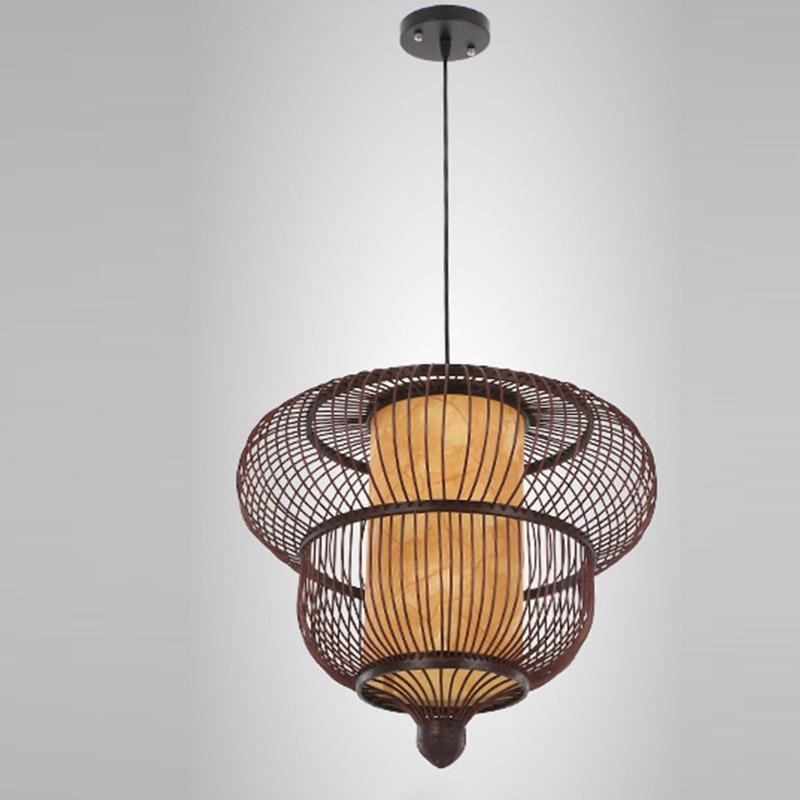 Two-Tier Moroccan Pendant Light — Bamboo, Dark Brown, Large Central Bulb, E26/E27, 20" Diameter