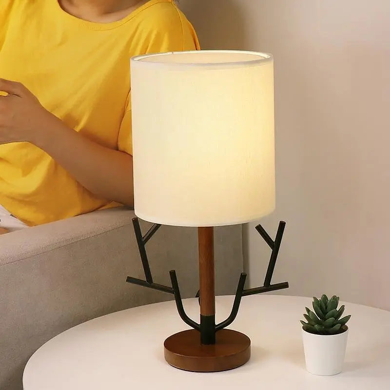16-Inch Vintage Rustic Table Lamp with Tree Branch Design and Fabric Drum Shade - US Plug Luxe