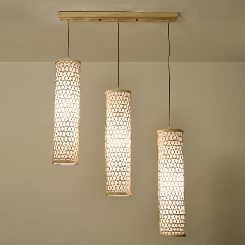 30" Cluster Cylinder Bamboo Multi-Light Pendant — Farmhouse, E26/E27, 43" Adjustable Wire