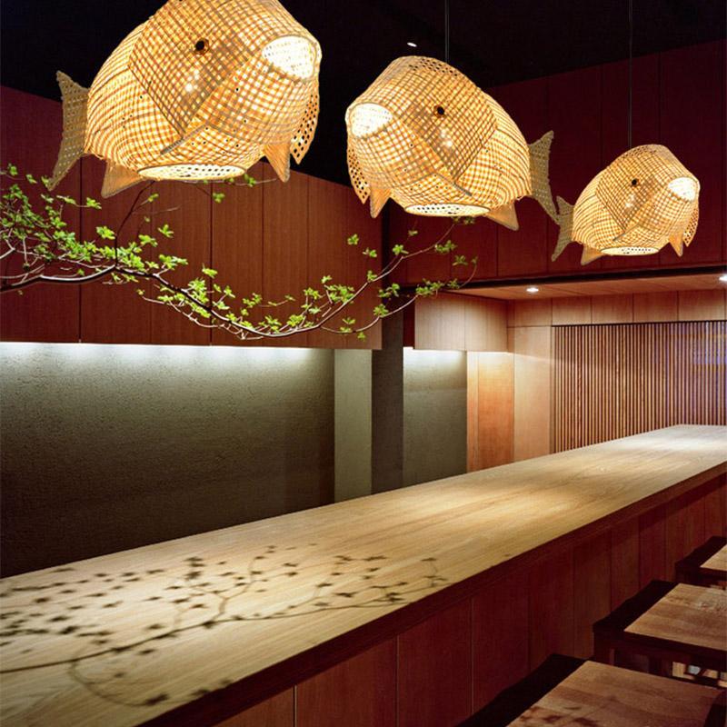Fish-Shape Farmhouse Pendant Light — Bamboo, 26" Wide, Adjustable 48" Cord, LED