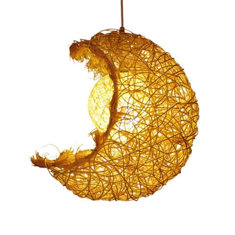 Moon-Shaped Farmhouse Pendant — Wicker Rattan, 12" Diameter, Hardwired, LED Integrated