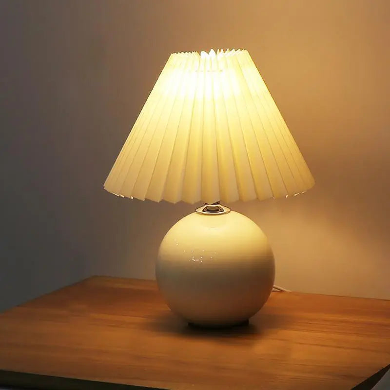Contemporary White Ceramic Globe Table Lamp with Pleated Shade Luxe