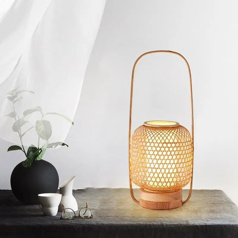 Rustic Bamboo Table Lamp with Woven Design, Cylinder LED Light, and USB Port Luxe