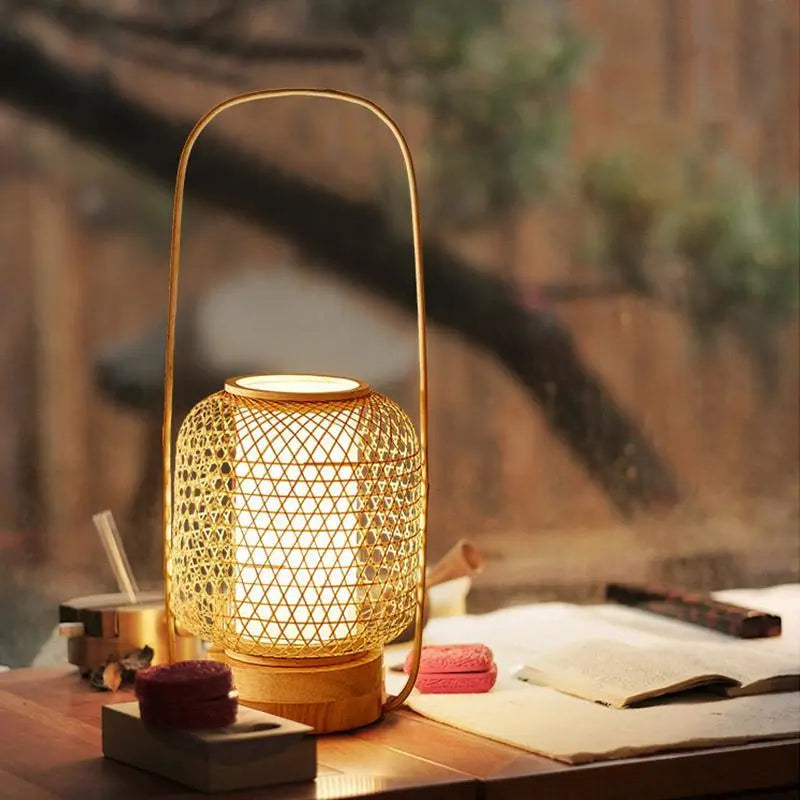 Rustic Bamboo Table Lamp with Woven Design, Cylinder LED Light, and USB Port Luxe