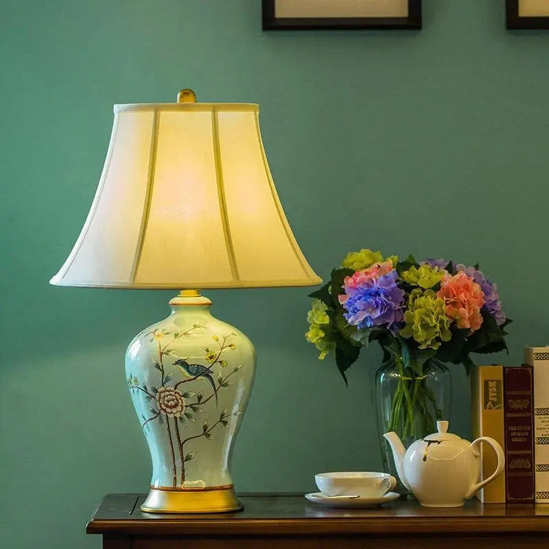 23-Inch Porcelain Table Lamp with Vivid Oriental Branches and Birds Design Luxe