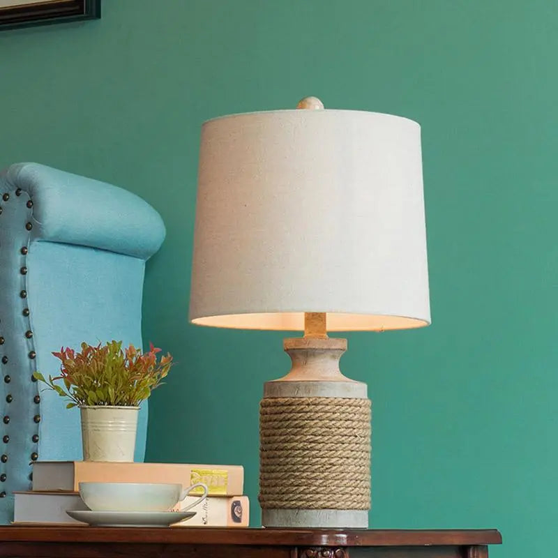 Stone Table Lamp with Rustic Oatmeal Fabric Shade and Rope Accent Luxe