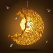 Moon-Shaped Farmhouse Pendant — Wicker Rattan, 12" Diameter, Hardwired, LED Integrated