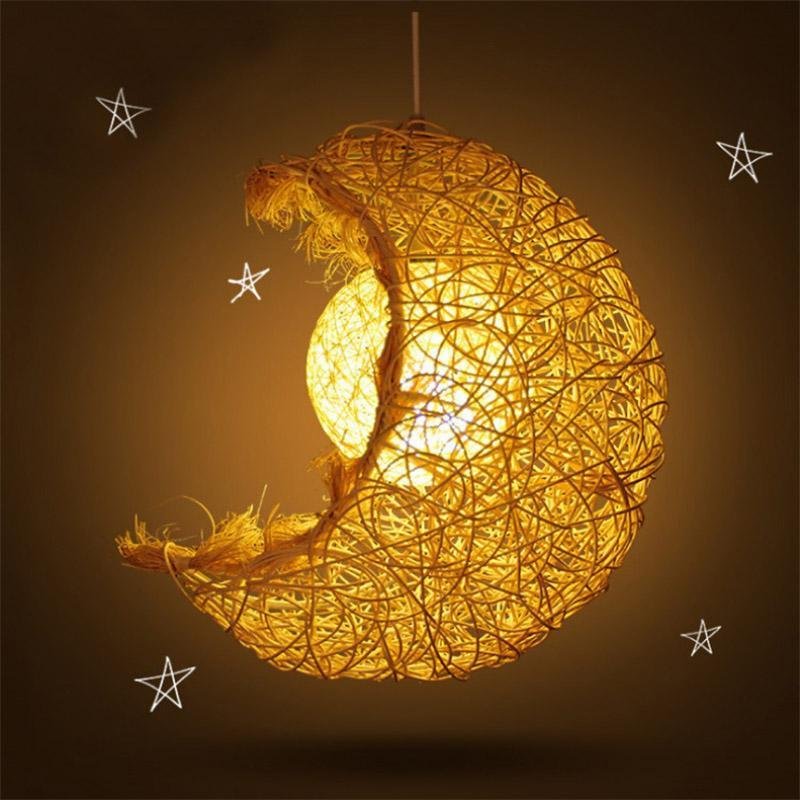 Moon-Shaped Farmhouse Pendant — Wicker Rattan, 12" Diameter, Hardwired, LED Integrated