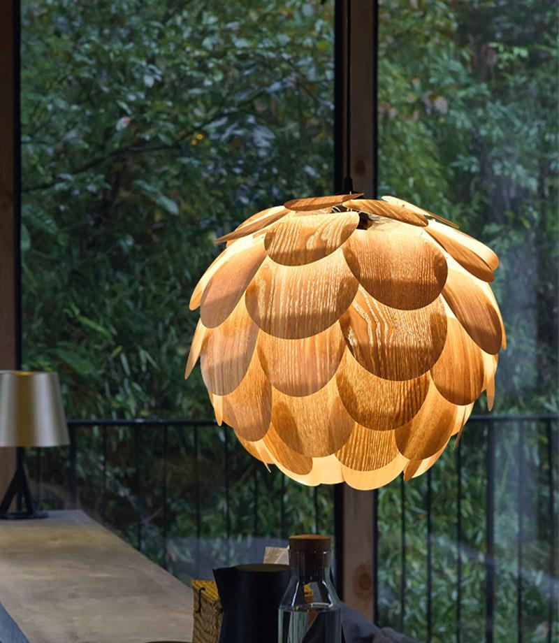 Pineapple-Shaped Rustic Wood Pendant Light — Ash Wood, 15" Diameter, LED, Hardwired, 48" Adjustable Cord