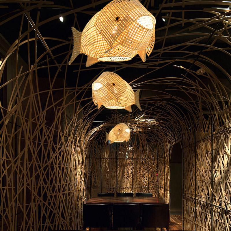 Fish-Shape Farmhouse Pendant Light — Bamboo, 26" Wide, Adjustable 48" Cord, LED