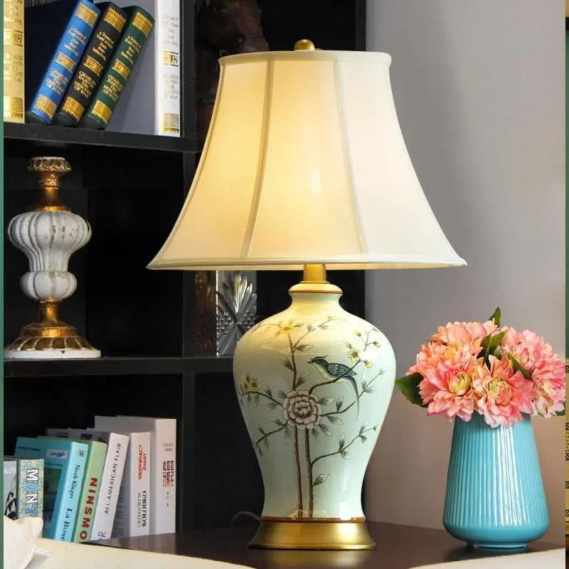 23-Inch Porcelain Table Lamp with Vivid Oriental Branches and Birds Design Luxe