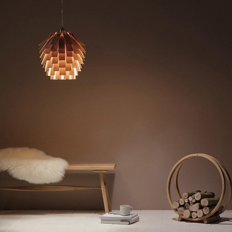 Artichoke Pendant Light — Rustic Wood, 16" Diameter × 16", Hardwired, Adjustable 48" Cord