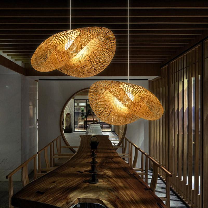 24" Curved Bamboo Pendant Light — Modern Farmhouse, Hardwired, LED, 6W–10W