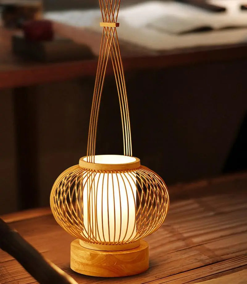 Rustic Bamboo Table Lamp with Woven Design, Cylinder LED Light, and USB Port Luxe