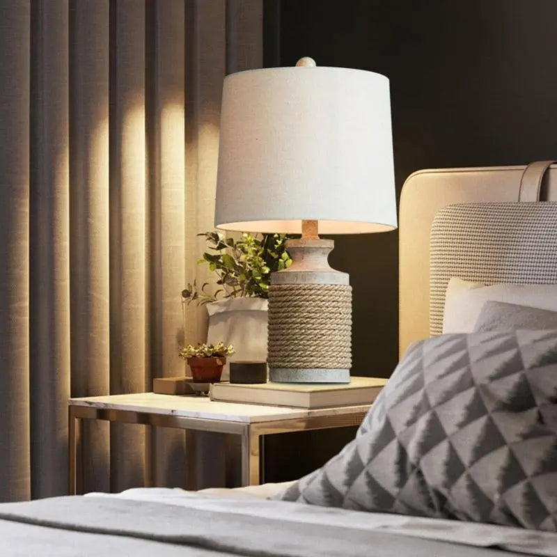 Stone Table Lamp with Rustic Oatmeal Fabric Shade and Rope Accent Luxe