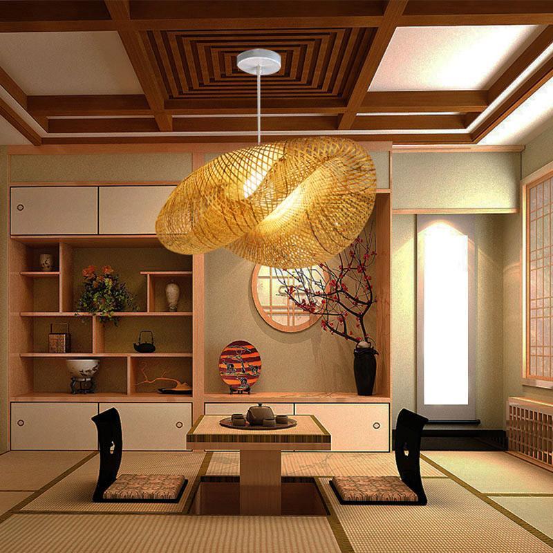 24" Curved Bamboo Pendant Light — Modern Farmhouse, Hardwired, LED, 6W–10W