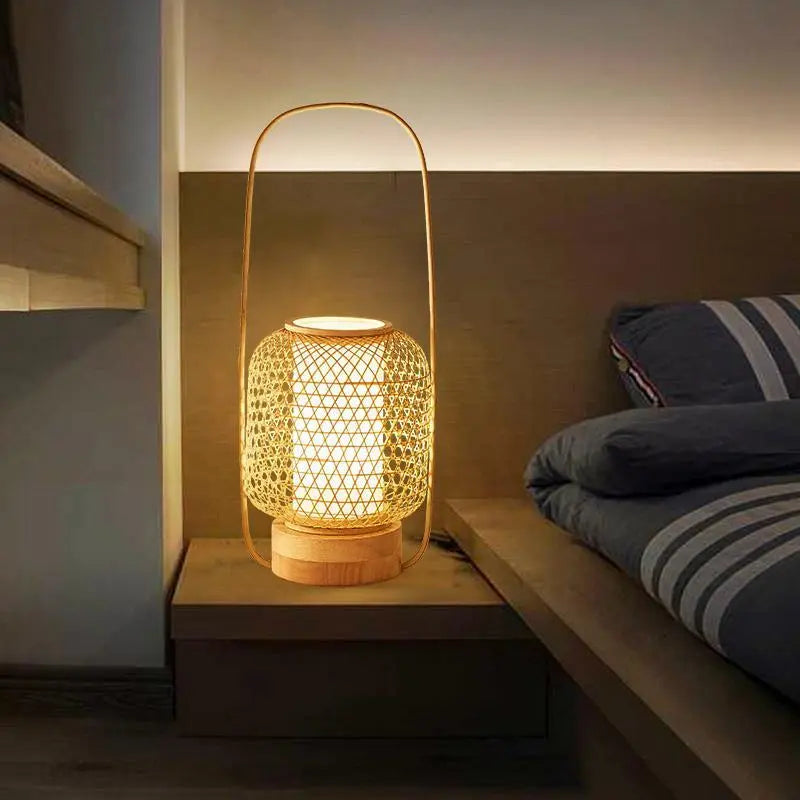 Rustic Bamboo Table Lamp with Woven Design, Cylinder LED Light, and USB Port Luxe