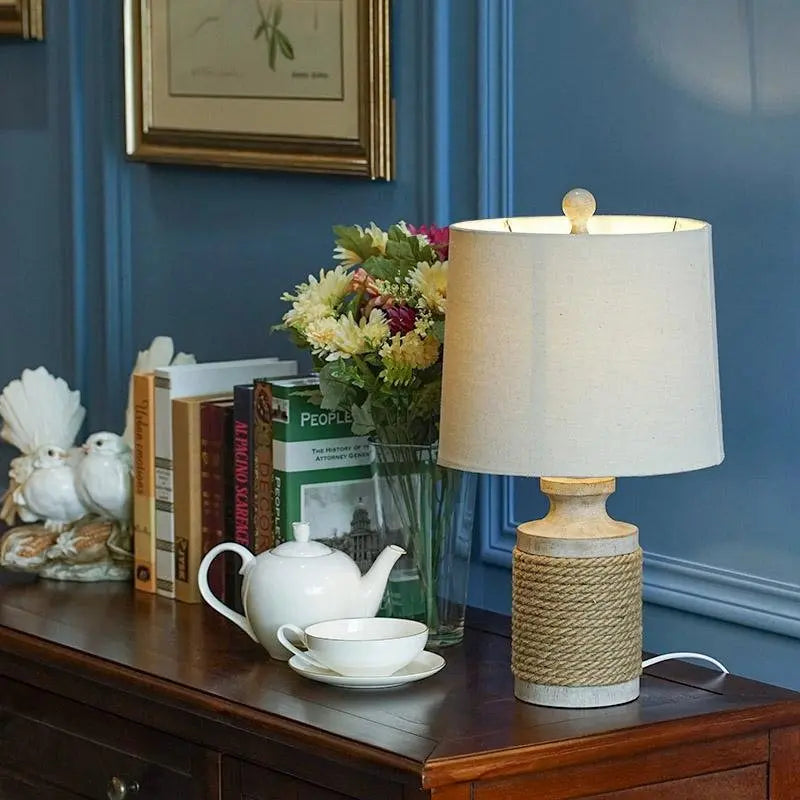 Stone Table Lamp with Rustic Oatmeal Fabric Shade and Rope Accent Luxe