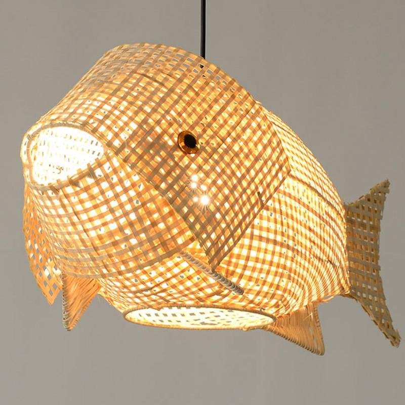 Fish-Shape Farmhouse Pendant Light — Bamboo, 26" Wide, Adjustable 48" Cord, LED