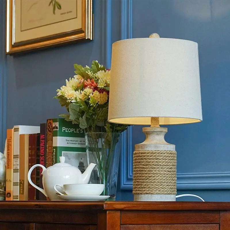 Stone Table Lamp with Rustic Oatmeal Fabric Shade and Rope Accent Luxe