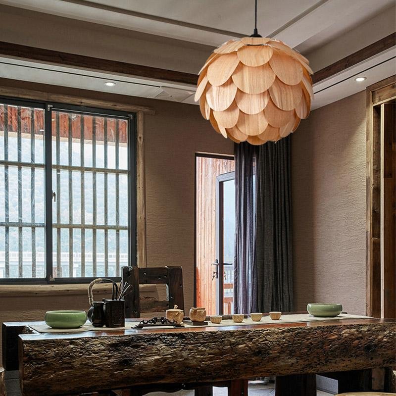 Pineapple-Shaped Rustic Wood Pendant Light — Ash Wood, 15" Diameter, LED, Hardwired, 48" Adjustable Cord