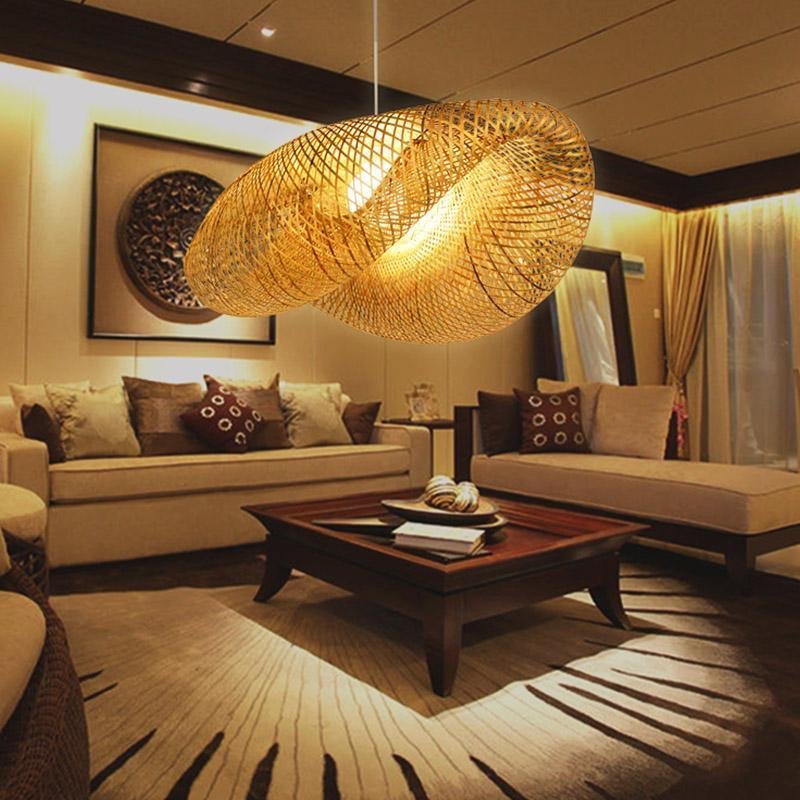 24" Curved Bamboo Pendant Light — Modern Farmhouse, Hardwired, LED, 6W–10W