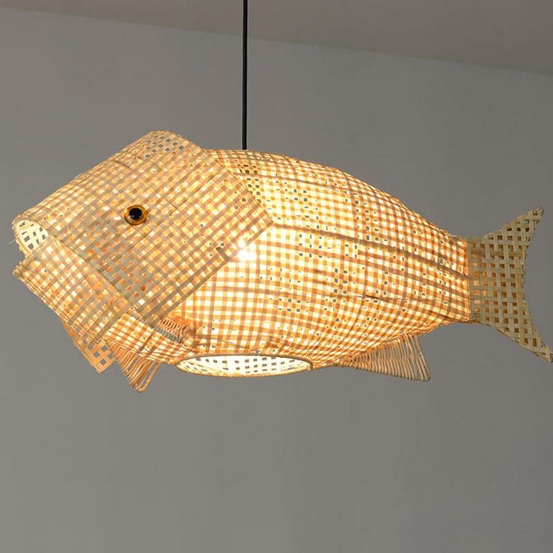 Fish-Shape Farmhouse Pendant Light — Bamboo, 26" Wide, Adjustable 48" Cord, LED