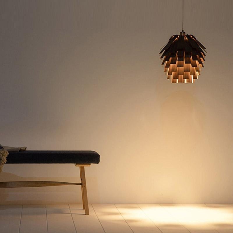 Artichoke Pendant Light — Rustic Wood, 16" Diameter × 16", Hardwired, Adjustable 48" Cord