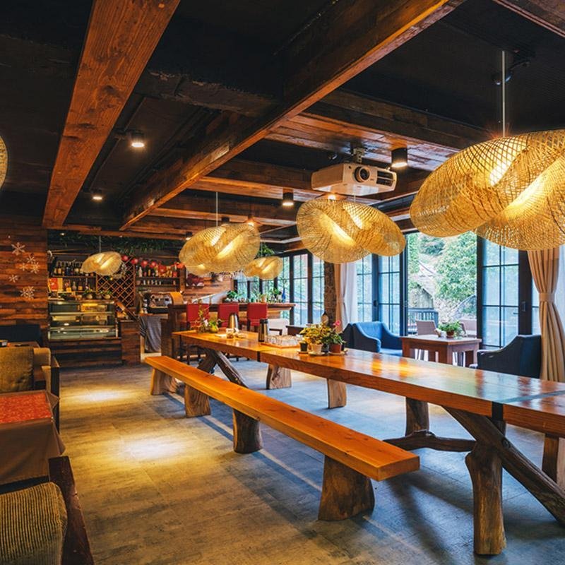 24" Curved Bamboo Pendant Light — Modern Farmhouse, Hardwired, LED, 6W–10W
