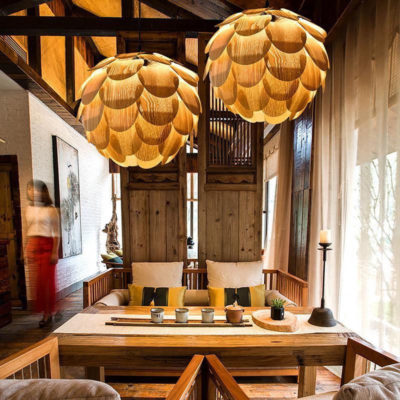 Pineapple-Shaped Rustic Wood Pendant Light — Ash Wood, 15" Diameter, LED, Hardwired, 48" Adjustable Cord