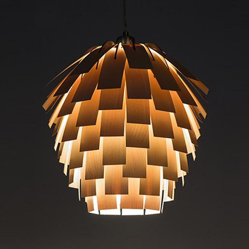 Artichoke Pendant Light — Rustic Wood, 16" Diameter × 16", Hardwired, Adjustable 48" Cord