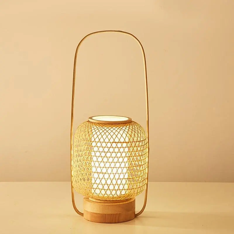 Rustic Bamboo Table Lamp with Woven Design, Cylinder LED Light, and USB Port Luxe