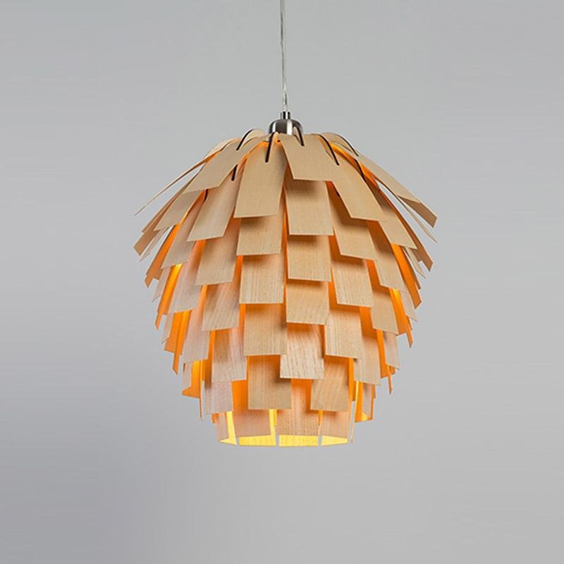 Artichoke Pendant Light — Rustic Wood, 16" Diameter × 16", Hardwired, Adjustable 48" Cord