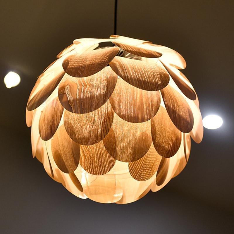 Pineapple-Shaped Rustic Wood Pendant Light — Ash Wood, 15" Diameter, LED, Hardwired, 48" Adjustable Cord