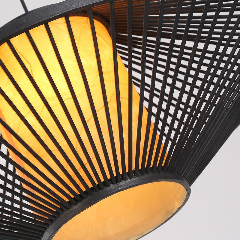 Circular Quasi-Pyramid Bamboo Pendant — Black, Acrylic Shade, 30W, 16"/20"/24" Diameter