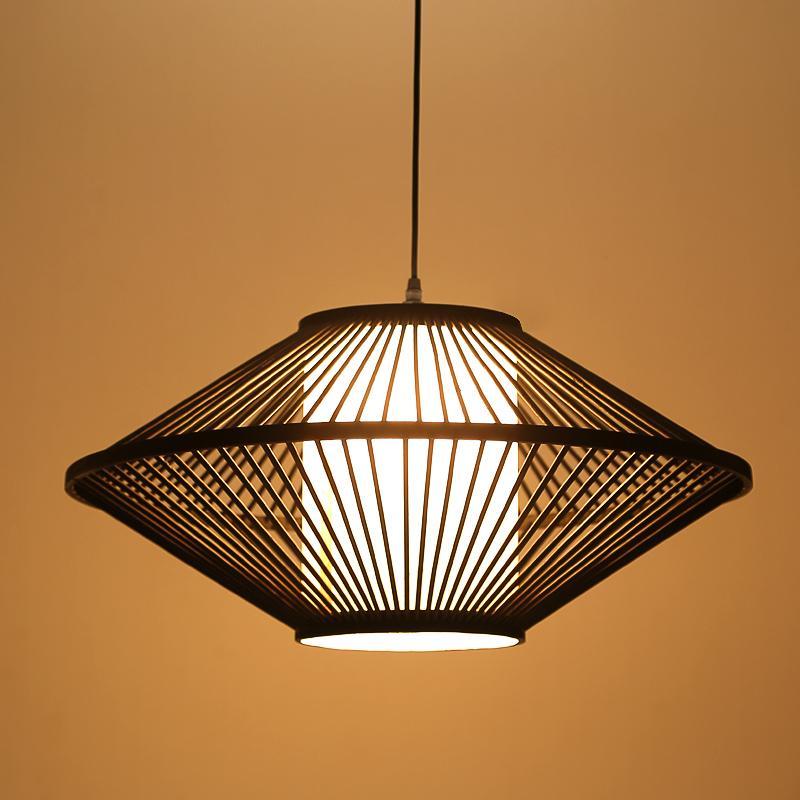 Circular Quasi-Pyramid Bamboo Pendant — Black, Acrylic Shade, 30W, 16"/20"/24" Diameter