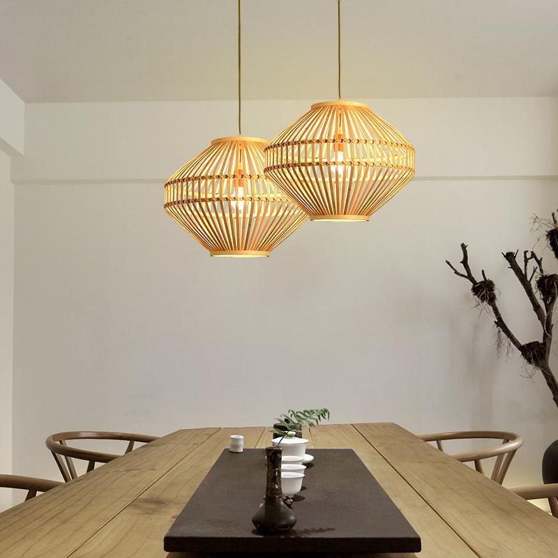 Diamond & Semi-Circular Bamboo Pendant Light — Wire Frame, E26/E27, up to 50W