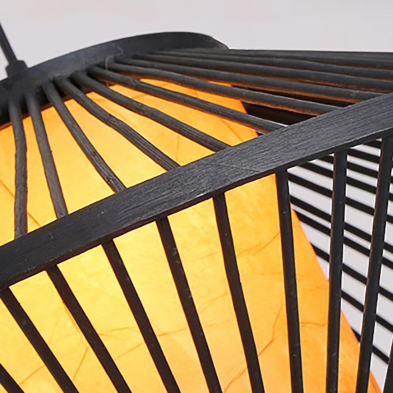 Circular Quasi-Pyramid Bamboo Pendant — Black, Acrylic Shade, 30W, 16"/20"/24" Diameter