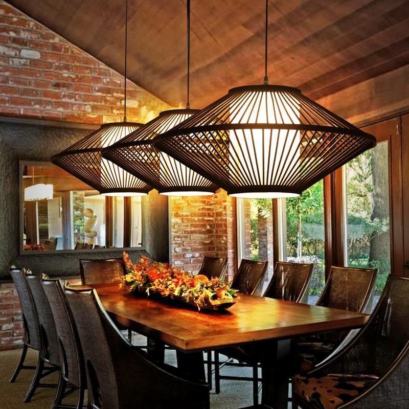 Circular Quasi-Pyramid Bamboo Pendant — Black, Acrylic Shade, 30W, 16"/20"/24" Diameter