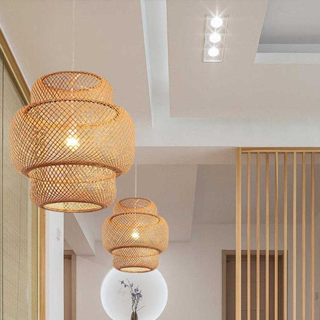 3-Tiered Bamboo Woven Pendant Light — Natural, Single Cylinder, E26, 60W, 15" Diameter, 48" Adjustable Cord