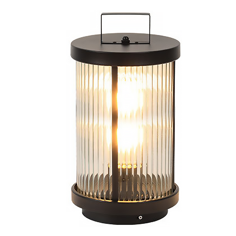 Striped Glass Cylinder Portable Outdoor Lantern — Stainless Steel Handle, LED, Solar / Hardwired, IP54, Warm White 3200K
