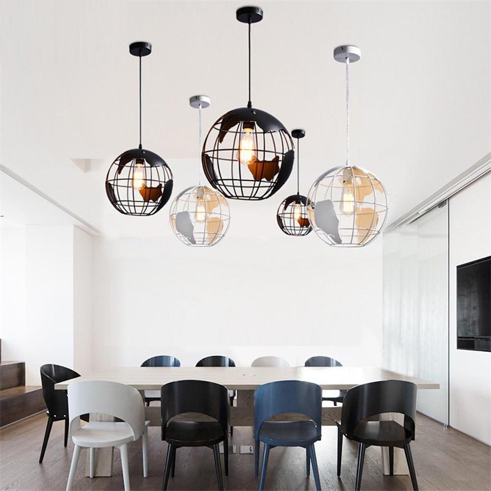 8" Globe World Map Pendant Light — Metal, Retro, 1-Light E26/E27, 60W, 39" Adjustable Cord