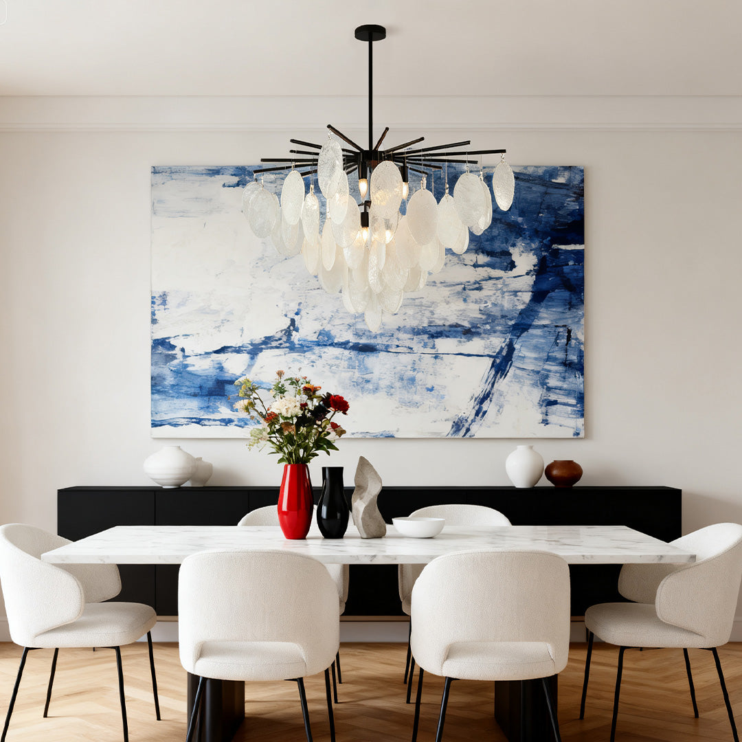 Minimalist Mother-of-Pearl Cone Chandelier — Matte Black Metal, Transparent Glass, Adjustable 36" Rod, E12