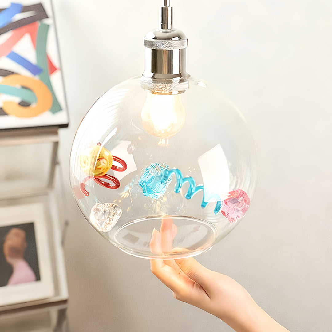 Memphis Geometric Iridescent Glass Globe Mini Pendant — White Metal Frame, E27, 1-Light, 20cm, Adjustable 2m Chain