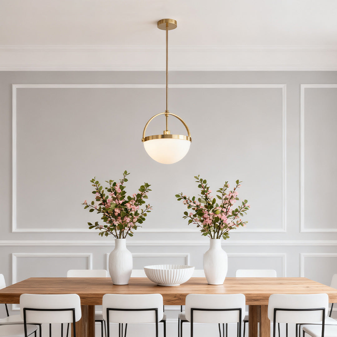 Minimalist Gold and White Pendant Light — Full Copper Body, Frosted Glass Cylinder Shade, E26, 1-Light