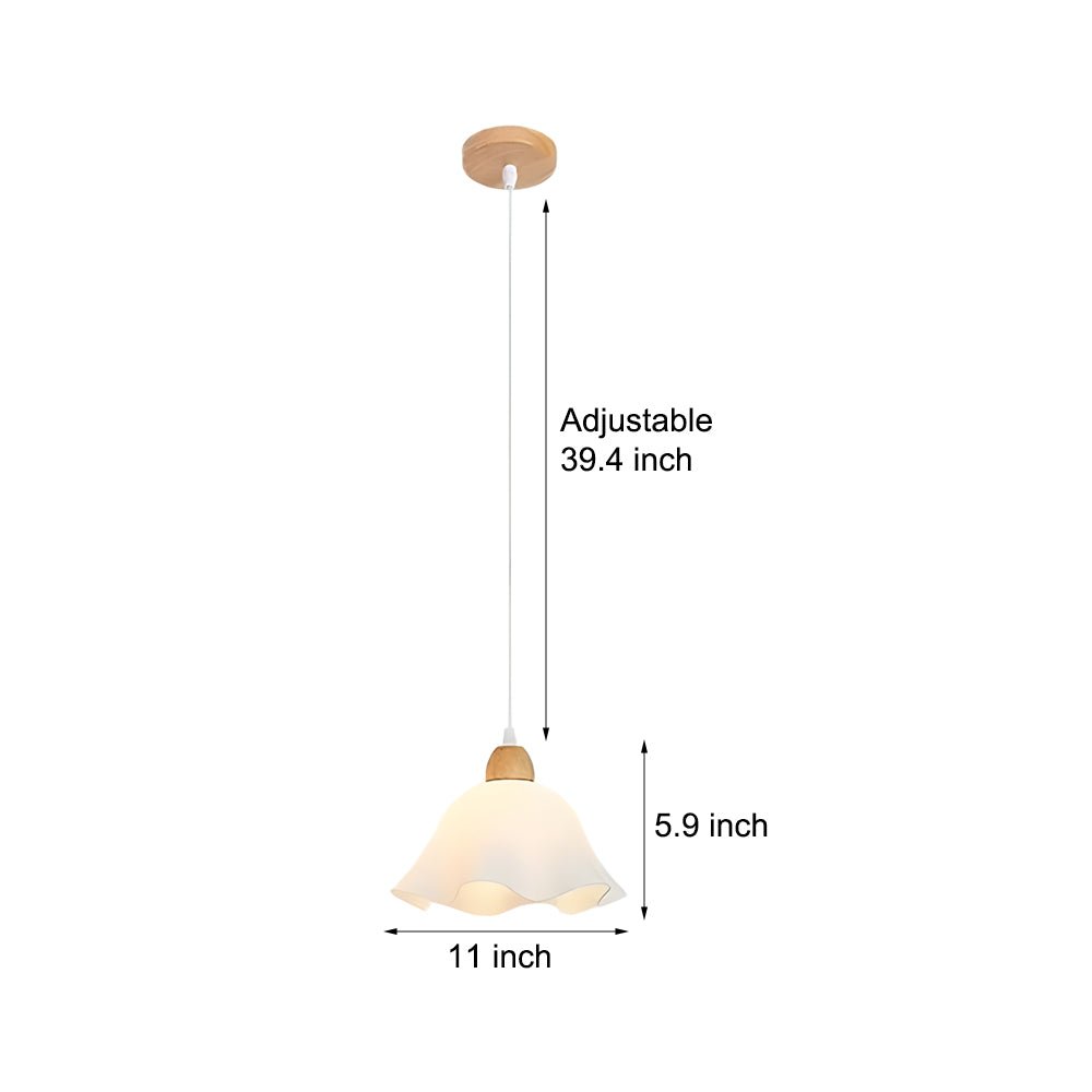 Flower-Shaped Mini Pendant Chandelier — White Acrylic and Wood, 11" Diameter, Hardwired, Adjustable Cord