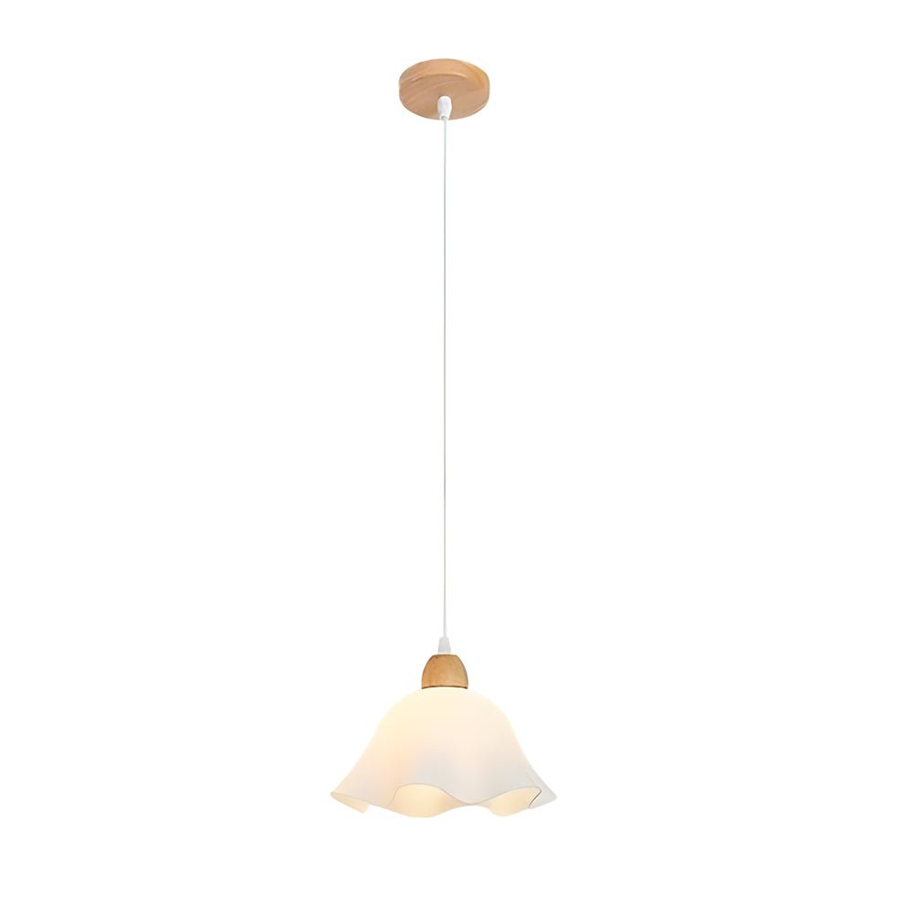 Flower-Shaped Mini Pendant Chandelier — White Acrylic and Wood, 11" Diameter, Hardwired, Adjustable Cord