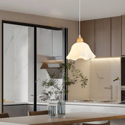 Flower-Shaped Mini Pendant Chandelier — White Acrylic and Wood, 11" Diameter, Hardwired, Adjustable Cord