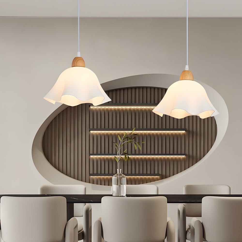 Flower-Shaped Mini Pendant Chandelier — White Acrylic and Wood, 11" Diameter, Hardwired, Adjustable Cord