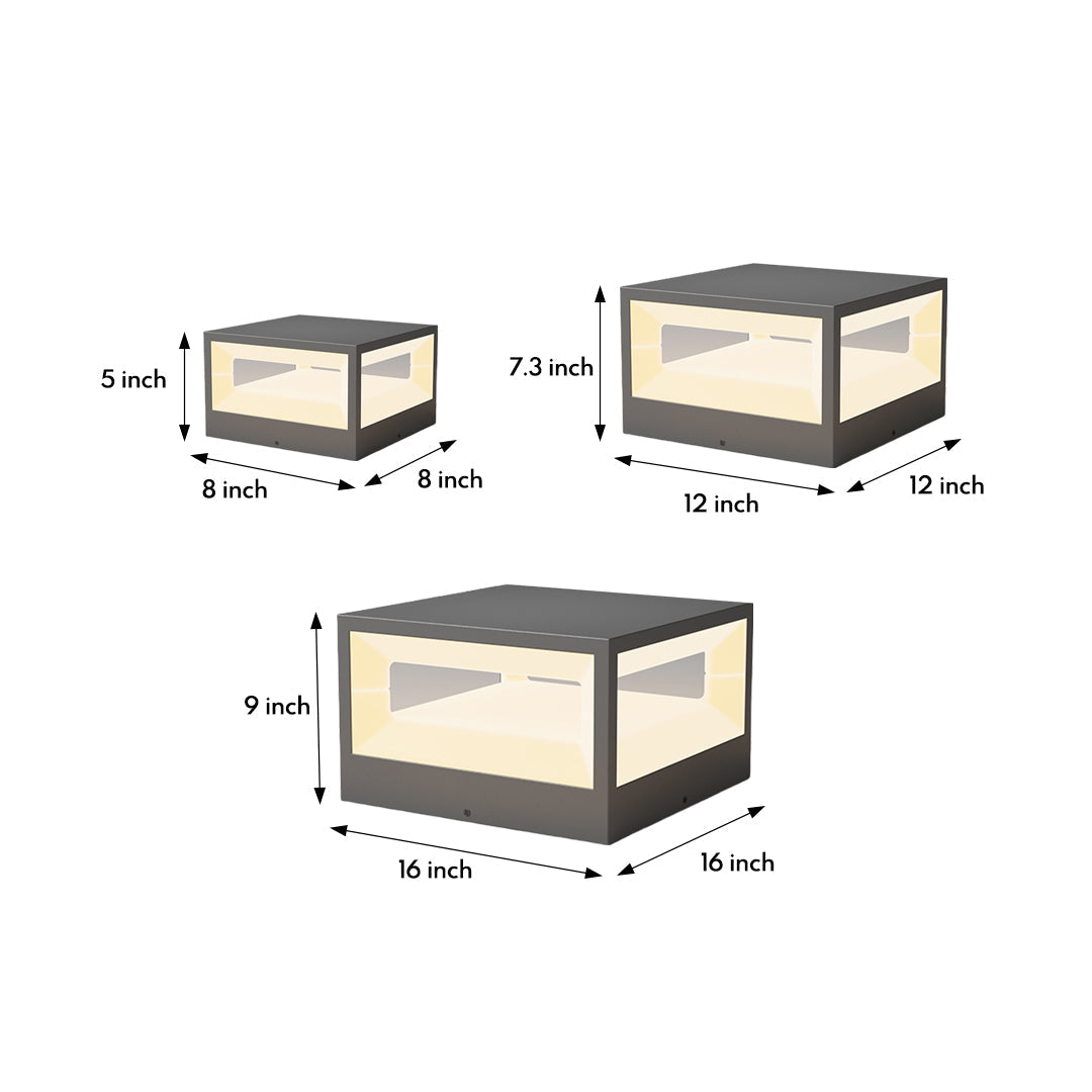 Hollow Square Outdoor Pillar Light — Stainless Steel, LED 3000K, Solar / Hardwired, IP65 Weatherproof